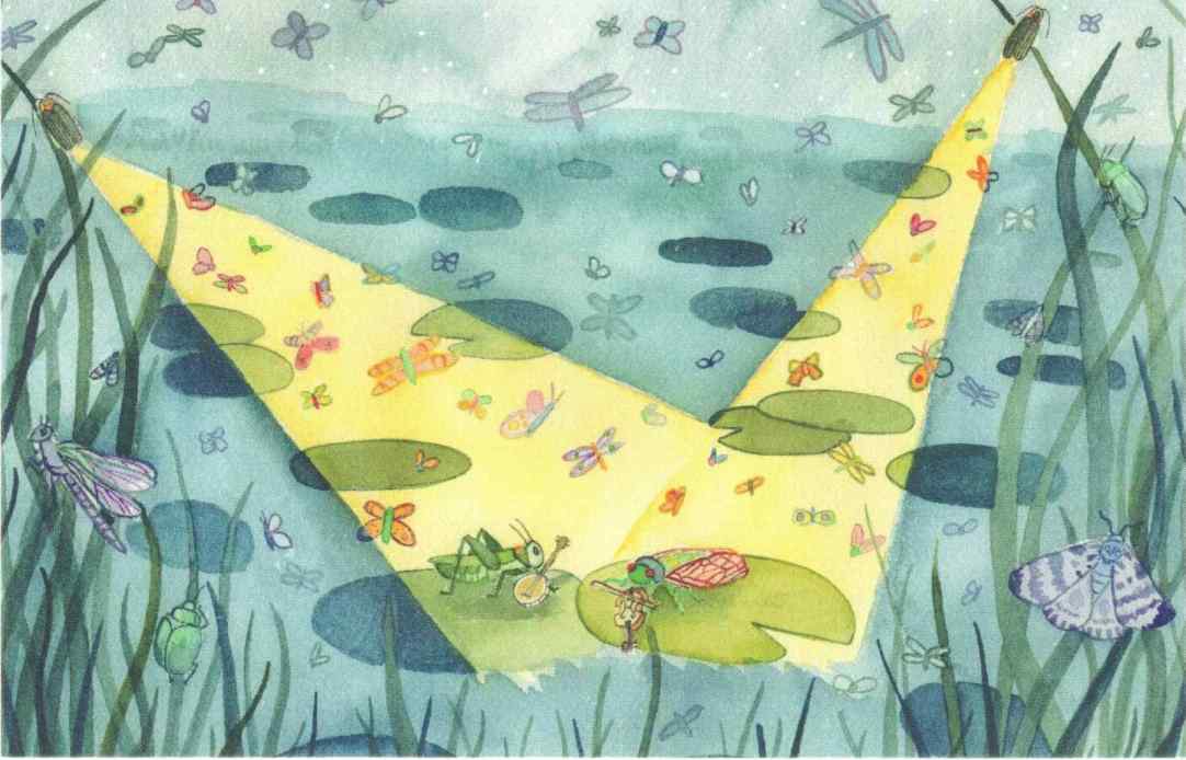 postcard with a night time scene in a pond. The pond is full of lilypads and tall grasses. Everything is in muted dark blues as it is night. There are lots of bugs flying around, mostly butterflies, moths and dragonflies. There are some beetles in the tall grasses and two fireflies are perched on the tallest grass with their lights shining down on some lilypads. On the left on a lilypad is a cricket playing a banjo and on the right on a lilypad is a turtle playing a fiddle. The insects and lilypads in the fireflies' light are all brightly colored.