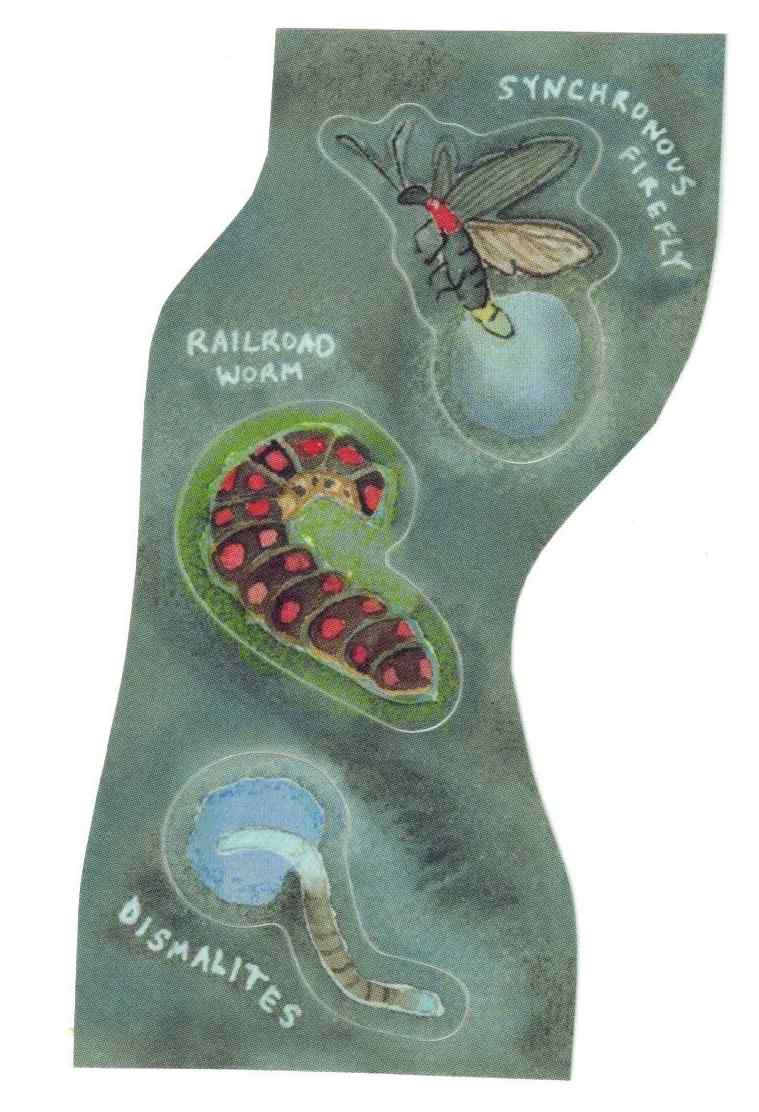 3 stickers on one sheet of bugs that glow - a synchronus firefly, a railroad worm and a dismalites. It doesn't show in the scan but the firefly and dismalites have shiny silver holographic glow areas while the railroad worm background is the same shiny silver holographic material.