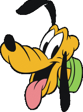 Image of the Disney dog Pluto, just his head. His mouth is open, his tongue is hanging out, one ear is down and one ear is up over his head and he is wearing a green collar.