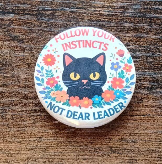 Round 2 inch pin with a black cat in the center, surrounded by flowers. At the top it says Follow Your Instincts and on the bottom it says Not Dear Leader.