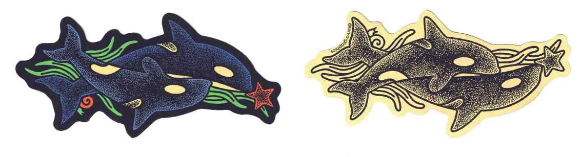 Front and back of a bookmark with 2 intertwined orca. Behind the orca is green seaweed and a red starfish. The front side is in color and the back side is in black ink on a light cardboard background.