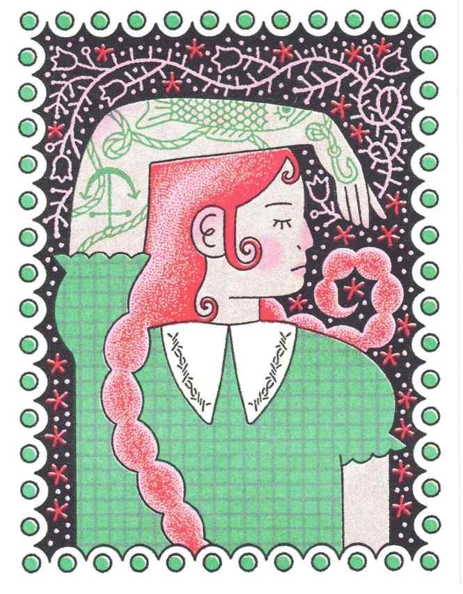 Postcard with figure of a girl facing forward but with her head turned to the side and holding one arm at her side and one over her head. She is wearing a short-sleeved green shirt with horizontal and vertical blue lines making a checked pattern. The collar is white with long points and decorative markings on the edges. Her long hair is red with a braid behind her and a braid on her front. There are tendrils of hair at her neck, ear and forehead. Her eyes are closed and her cheeks, lips and nose are pink. The arm above he head has green line tattoos of an anchor, a fish, a hook and ropes. The background is black with line etchings of what could be starfish, dots, flowers on leafy stems. The edges of the background are scalloped. Just above each scallop is a green circle.