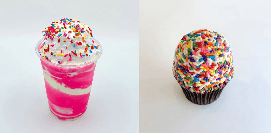 Side by side photos of sweet treats. On the left is a clear cup holding a shake that is pink and white swirls topped with a huge mound of marshmallow fluff and colored sprinkles. On the right is a cupcake in a brown liner topped with a huge mound of buttercream frosting covered with sprinkles.