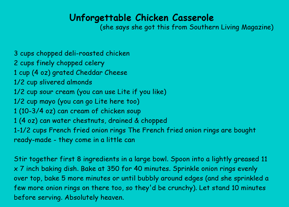 Recipe for Unforgettable Chicken Casserole written in black Comic Sans on a light teal background