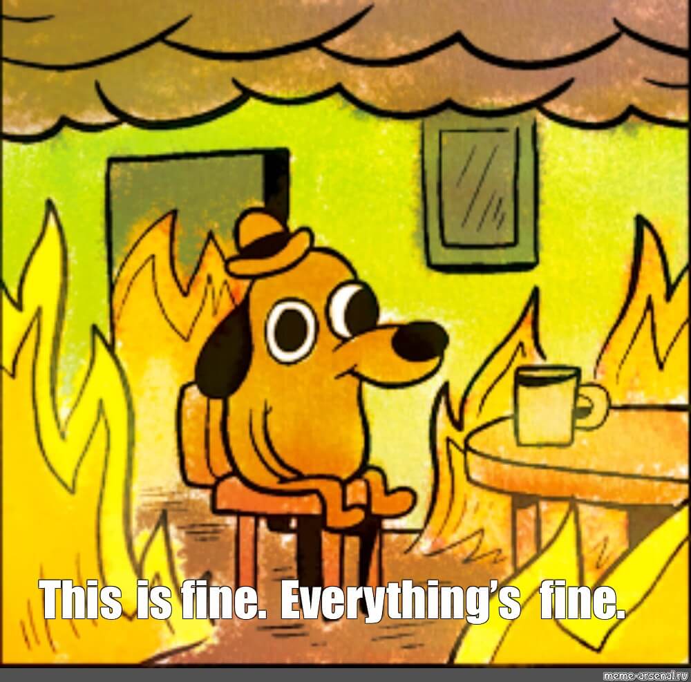 Dog wearing a hat sitting at a table with a coffee cup on it. There are flames all around and the caption 