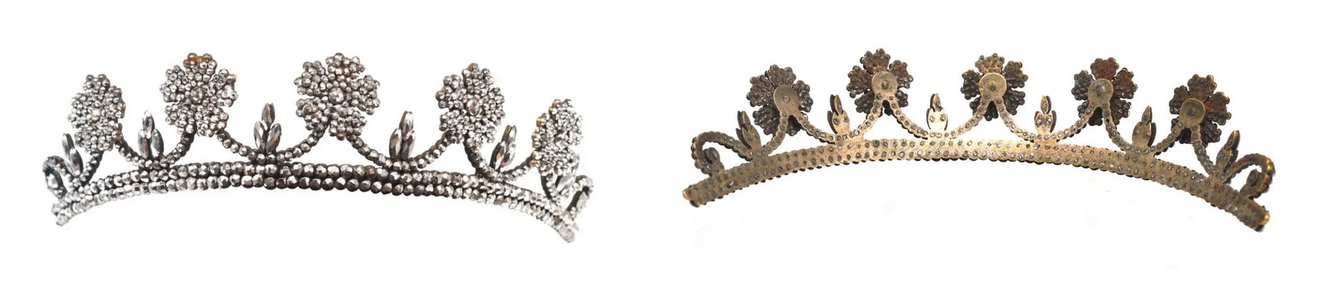 Front and back views of a cut steel tiara with five wild rose blooms atop a swagged garland and leaf motif
