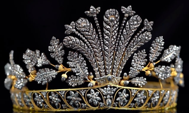 tiara made of cut steel and gold. Elements include steel leaves and steel acorns with gold caps