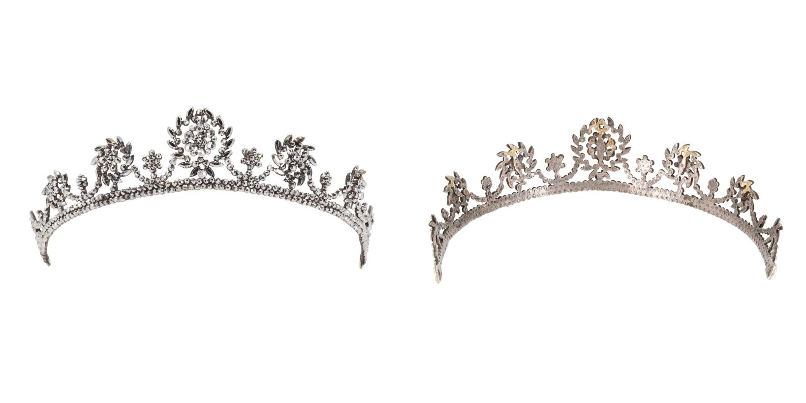 front and back views of a Victorian cut steel tiara. The tiara design is graduated flower shapes in circular frames that look like leaves, interspersed with smaller flower elements with swags connecting them. The bottom of the tiara is 2 rows of steel cut beads.
