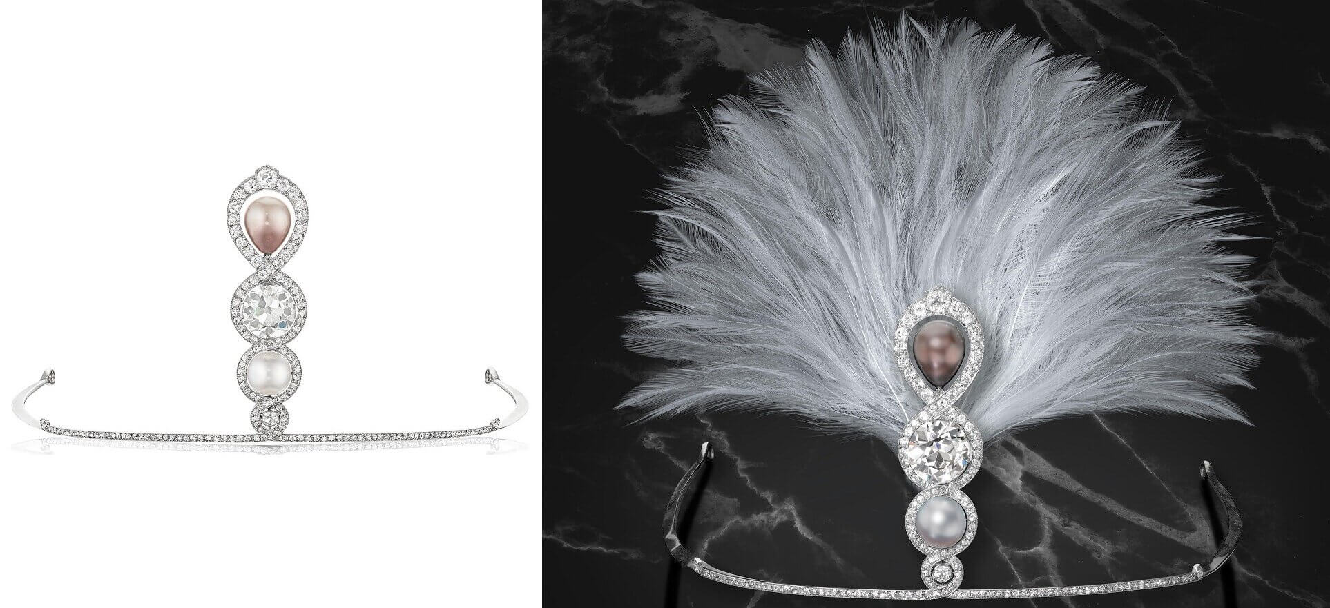 Side by side images of an aigrette tiara, with and without a spray of white feathers. The aigrette is a thin platinum band with a centerpiece of overlapping diamond twists. Within the twists are 2 natural pearls set above and below a large round diamond. The top pearl is a brownish color.