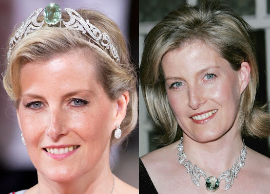 Picture on left is a headshot of Sophie, Duchess of Edinburgh wearing a tiara with diamond scrollwork and a very large oval, sea green aquamarine in the center. Picture on the left is also Sophie but she is wearing the tiara in its necklace form. 