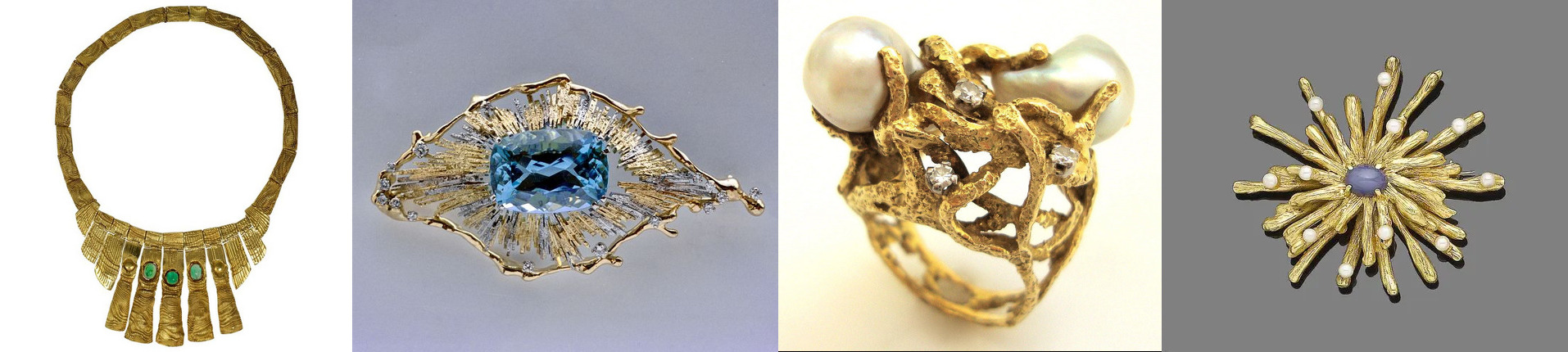 from left to right, a gold necklace with a series of embossed fringes with the 3 in the middle studded with cabochon emeralds; bicolored brooch in the shape of an eye, studded with diamonds and a huge central aquamarine; a gold ring in an organic shape studded with diamonds and 2 large South Sea baroque pearls; gold stylised organic star shape brooch with studded with pearls and a synthetic blue star sapphire in the middle