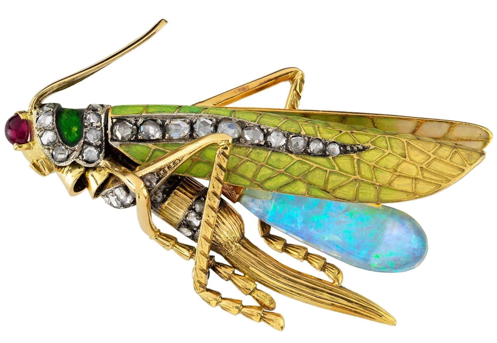 gold Art Nouveau style grasshopper brooch with a ruby eye, green enameled wings and tergum (back part of body) made of a cabochon opal. 