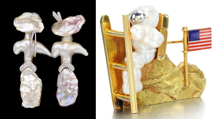 2 photos of pieces made from baroque pearls. On the left are 2 figures created from multiple baroque pearls that look like 2 ladies walking side by side with full skirts, V-shaped diamond belts, torsos with truncated arms and floppy hats. The figure on the left's hat has a white gold and diamond ribbon hanging down from the back edge. The figure on the right has 3 little feathers white gold and diamond standing upright on the front of her hat. The figure on the left is the figure of an astronaut, also made from a baroque pearl, with a silver visor and a gold pack on his back. The rest of the form he's on is gold - a ladder that he's climbing down, a rocky surface and an American flag.
