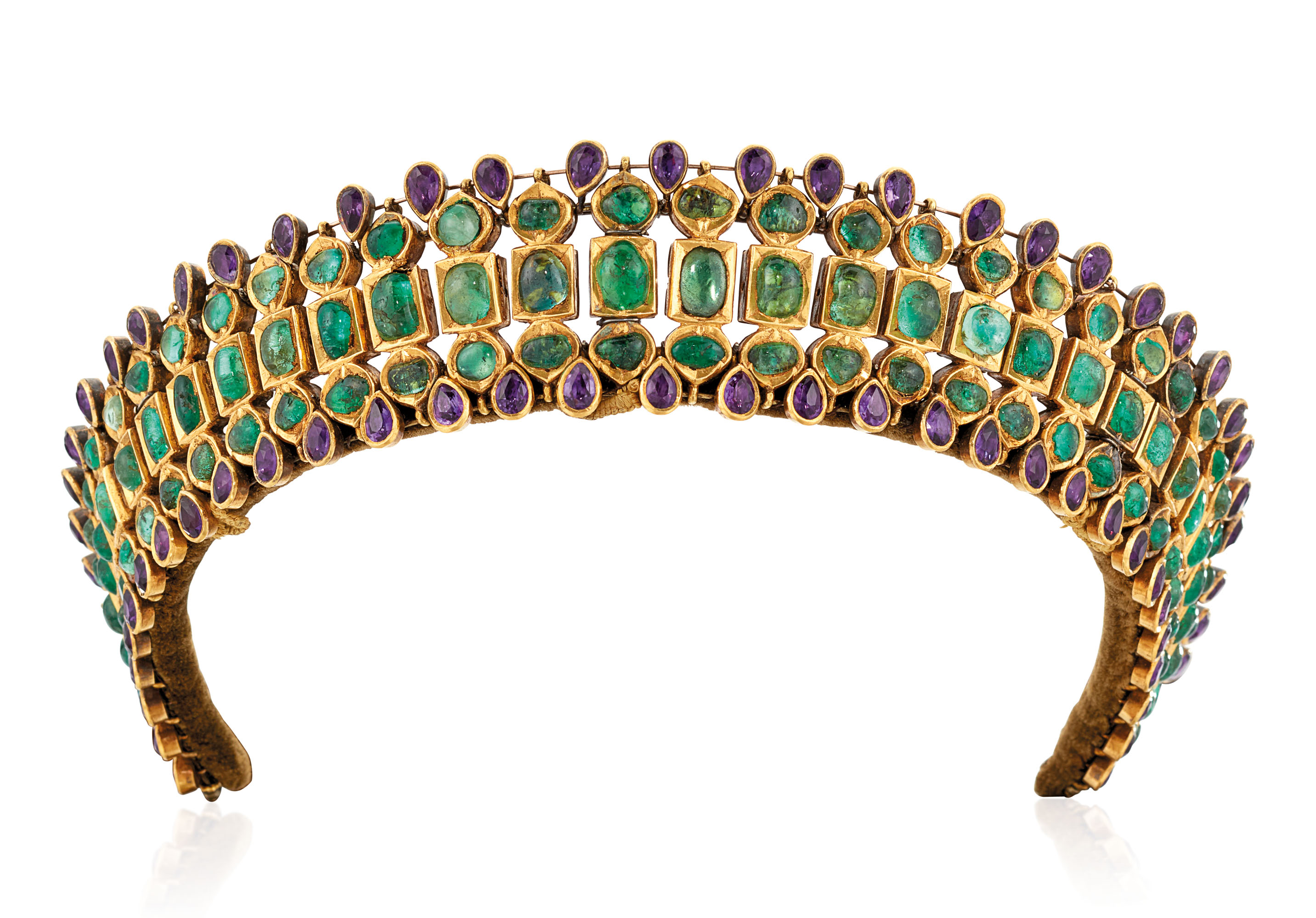 Gold tiara with 5 rows of gems. The top and bottom are pear shaped amethysts and the middle three rows are flat-cut and cabochon emeralds, all set in gold bezels.