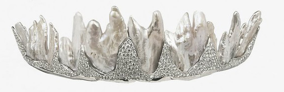 Fire and Ice tiara created from six freshwater pearls mounted to a pavé-set with circular-cut diamonds.