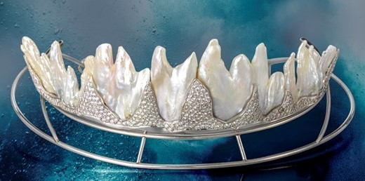 Fire and Ice tiara created from six freshwater pearls mounted to a pavé-set with circular-cut diamonds.