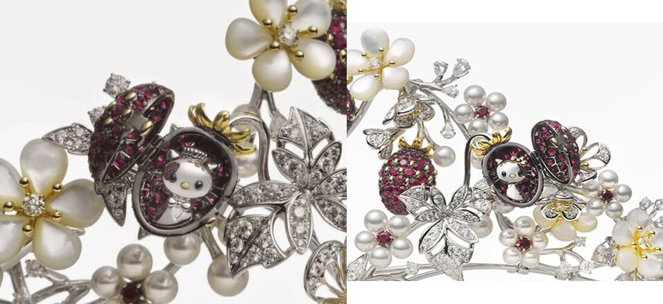 Side by side pictures of the strawberry lockets opened and revealing their portraits. The kitty on the left is wearing a silver crown, vest and bow tie and the kitty on the right has a small gold bow on its head.