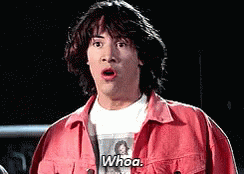 Keanu Reeves as the character Ted wearing a red jacket and saying Whoa!