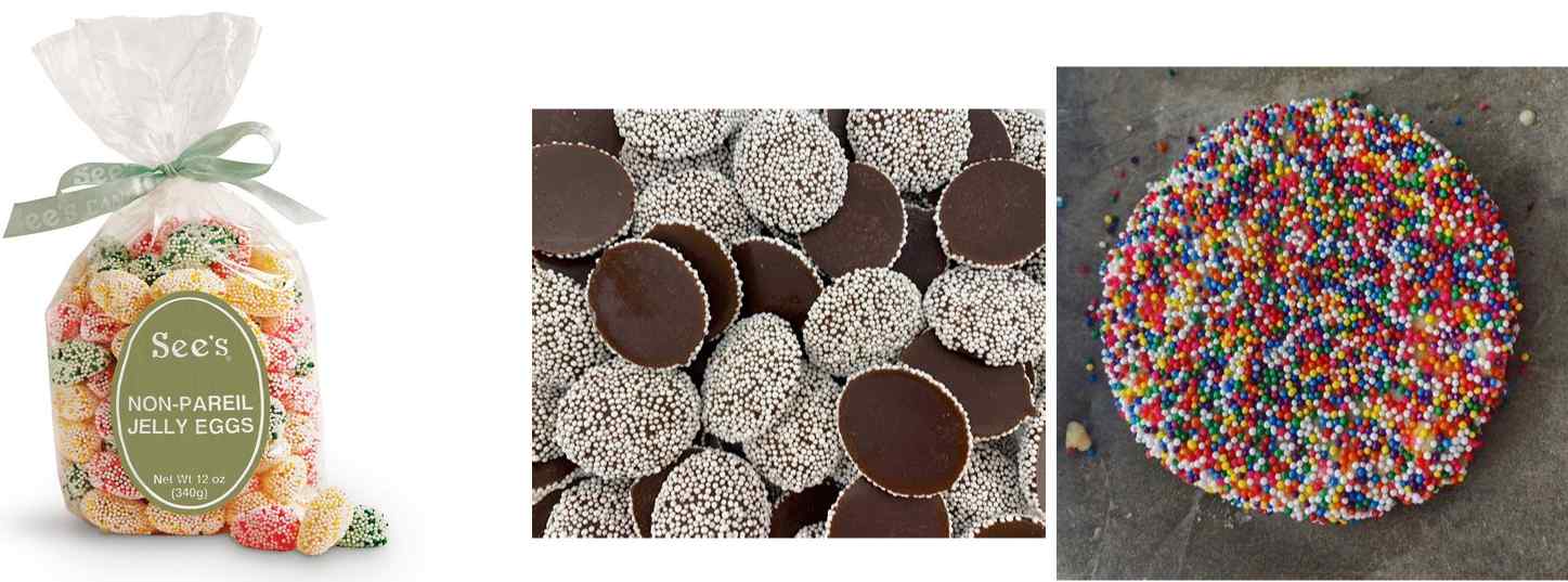 3 photos in a row - on the left is a bag of See's Candy Non-Pareil Jelly Eggs, in the middle is a pile of chocolate nonpareil drops with little white candy pellets on the top and on the right is a sugar cookie covered in multicolored candy nonpareil pellets.