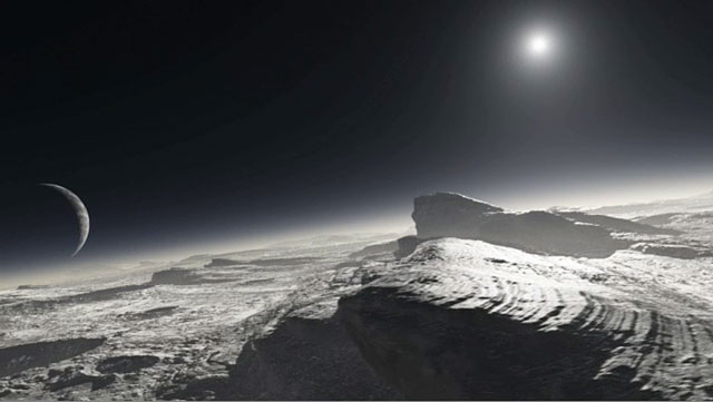 Artist's impression of what the surface of Pluto looked like. The image is a rocky, barren landscape with a dark sky, an unrealistic very bright yet small sun in the upper right and a large crescent moon on the left side.
