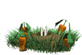 image of a white rabbit popping out of his rabbit hole, looking around, and going back in. His rabbit hole is surrounded by grass and some carrots in the ground.