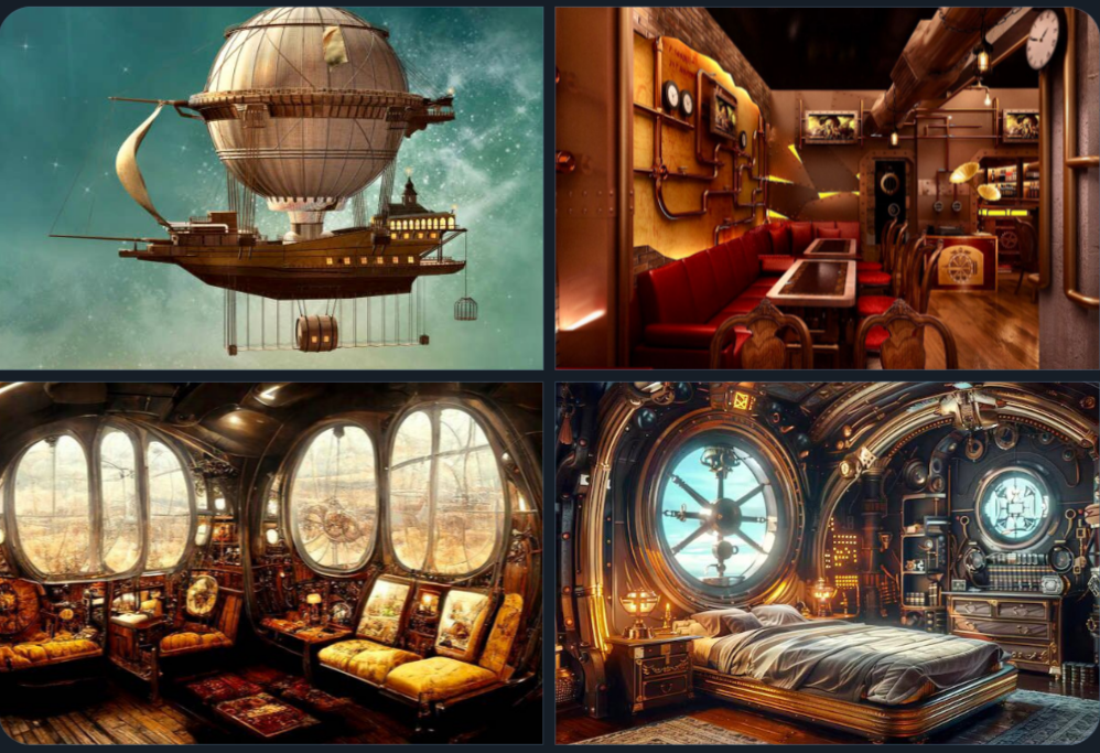 4 images of a fancy flying pirate balloon ship and 3 of the rooms that are in it