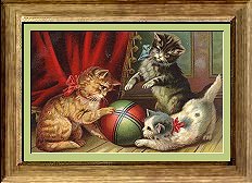 painting of 3 kittens playing with a ball