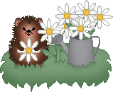 a hedgehog holding a daisy flower standing on a patch of grass. to the right is a daisy growing from the ground and to the right of that is a gray watering can holding 5 daisies