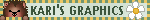 a blinkie sized graphic with a yellow and green checkered border, a hedgehog face on the left and a daisy on the right. It says Kari's Graphics.