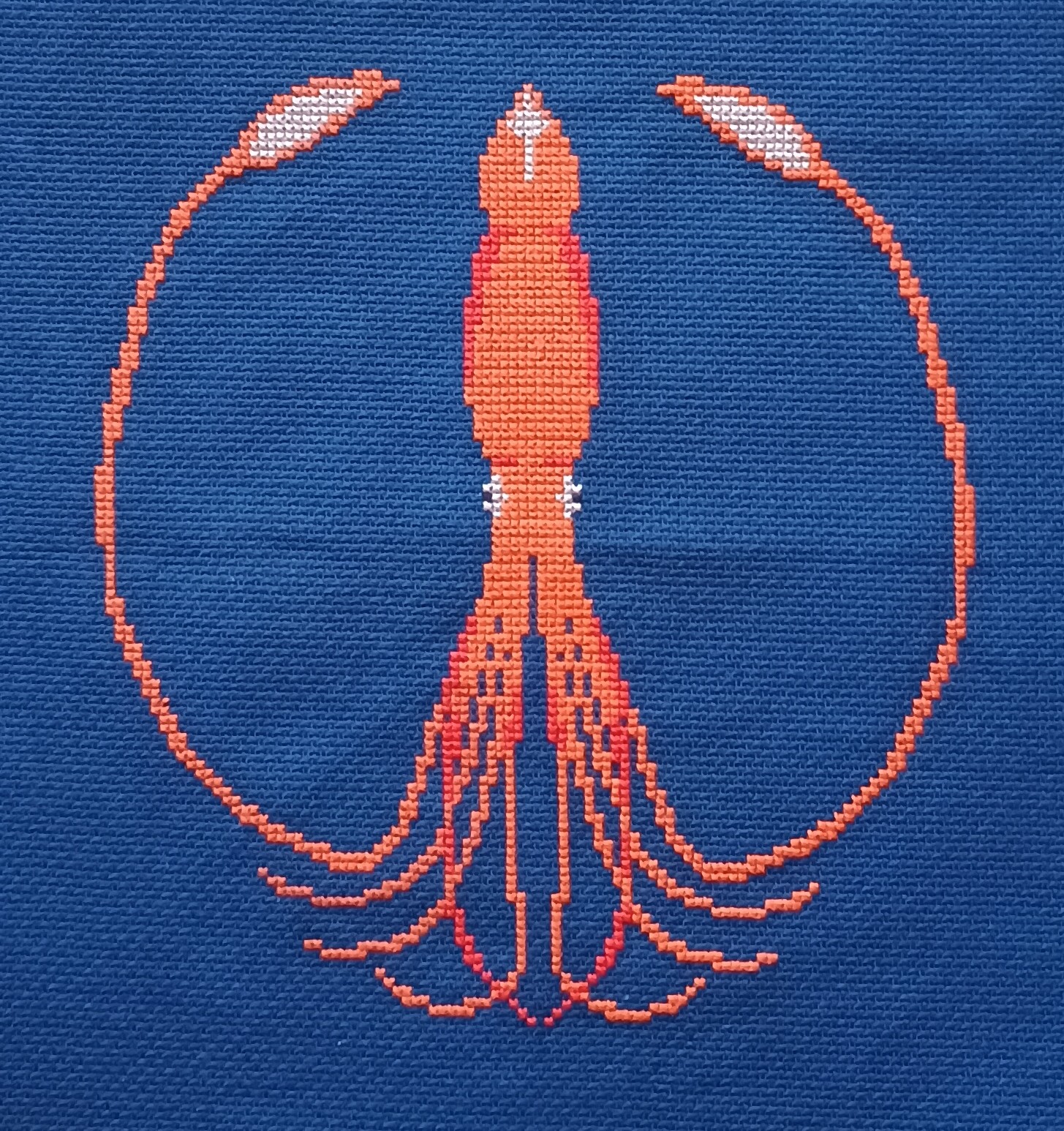 a giant squid in shades of orange stitched on navy blue fabric