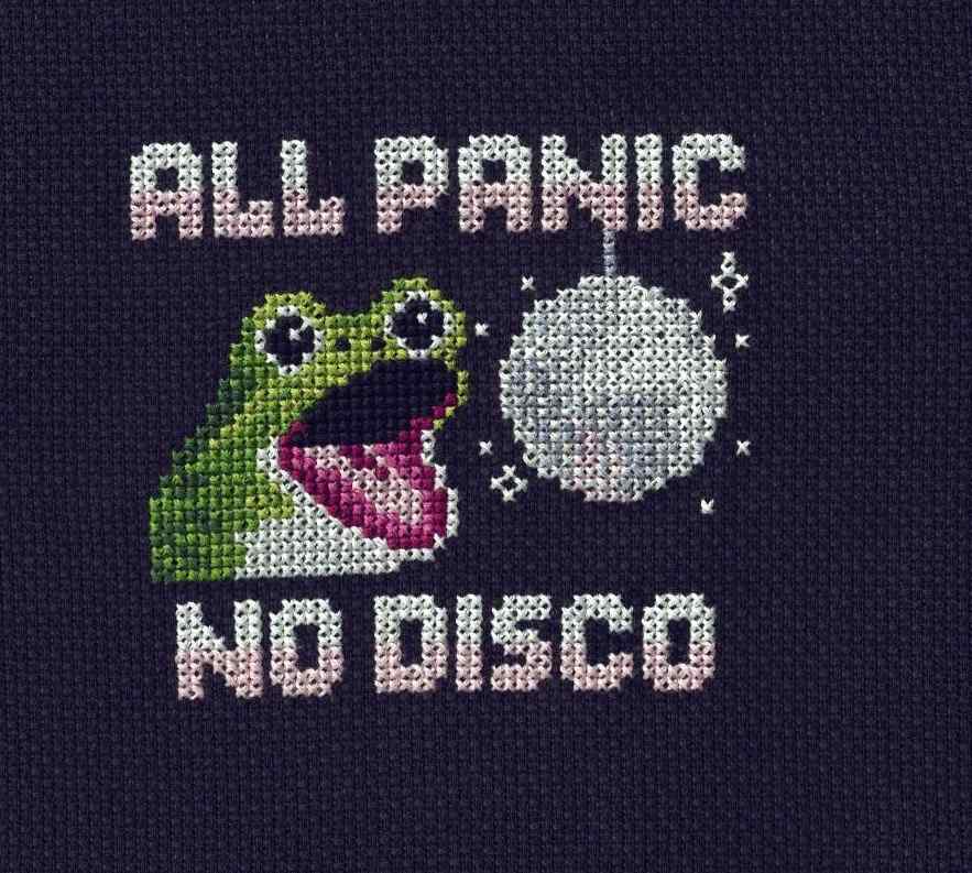 a frog with his mouth wide open on the left staring at a disco ball on the right. Above, in pink and white letters ALL PANIC and below in the same colors NO DISCO