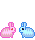 Pink bunny on the left, blue bunny on the right moving towards each other for a kiss with a little red heart above them.