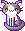 Kitty with white chest, partially white face and white legs. Shades of gray and lavendar on the rest of the body with random splotches of orange. Bright green blinking eyes.