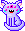 5 eyed kitty in vaporwave colors. Body is light purple outlined in dark purple. One central pink eye with two smaller pink eyes arcing out to either side. Blue cheeks and pink inner ears. Kitty's mouth is open and has a little red tongue and two front fangs.