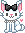 White kitty with black bow on top of its head and a pearl necklace. The kitty's inner ears and nose are pink and it's outlined in a dark gray. There is a little pink heart to the right.