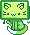 Green kitty with a tail that's white at the end. The kitty's head looks like a rectangular green digital screen with cat ears and face on the inside. There is a short cord dangling from the bottom left and the kitty is pawing at it. There is a little green heart to the right.