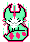 Green kitty outlined in dark pink. It has a white muzzle and chest and there are circular splotches of dark pink on the fluffy green tail. Its head is moving up and down and the ears are long, pointed and turning inward. There is what looks like a dark pink crest on the forehead and there are green sparkles around the body.