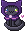 Dark gray kitty with one blue eye and one green eye wearing a purple hood fastened with a pink button and with pink detailing on the bottom edge. There is a pink heart bouncing up and down to the side of the kitty.