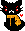 Black kitty with frowning red eyebrows, red eyes, white nose area. It has a dark yellow scarf with darker yellow squares. There is a red heart to the right.