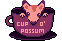 a dark purple teacup and saucer with an orange-pink possum peaking its head and paws out of it. the teacup says cup o' possum