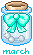birthmonth jar with aquamarine ribbon, 3 round gems in bottom of jar and MARCH underneath