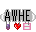 A shiny silver charm that says AWHE in capital letters. Three mini charms are linked underneath. The first is a purple egg, the second is a red heart, and the third is a pink DS