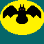 black bat with red eyes in a yellow oval on a green background