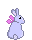 lavender bunny with a hot pink bow around its neck, sitting with its back facing you and its head looking to the right