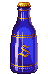 A blue glass bottle with golden line accents and cap. The label is a golden S