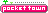 hot pink banner on a gray background with Pocket Town written in white and on top of the banner 2 tiny pixel trees on the left and 15 dots