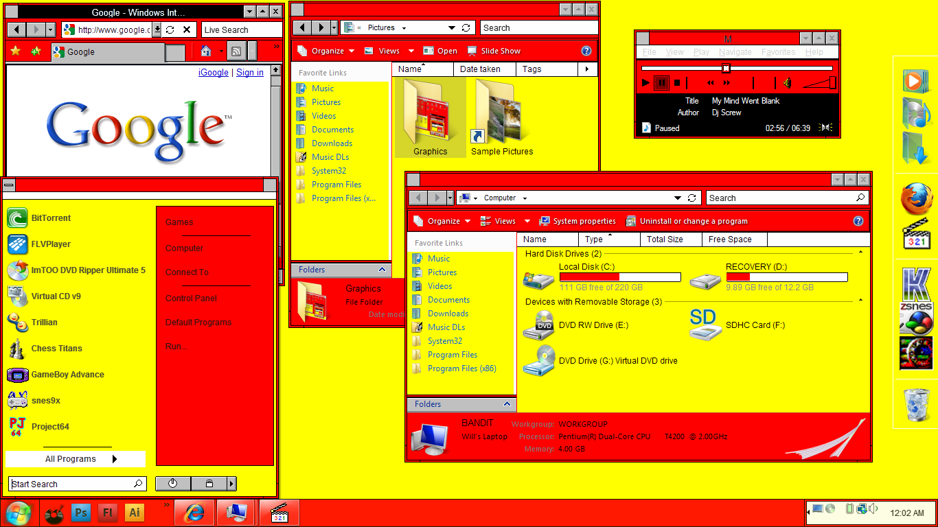 A screenshot of a random Google image search picture of someone's Windows desktop using the Hot Dog Stand color scheme. The background is violently yellow, the tops and bottoms of the windows boxes are bright red and black is used on some title bars.